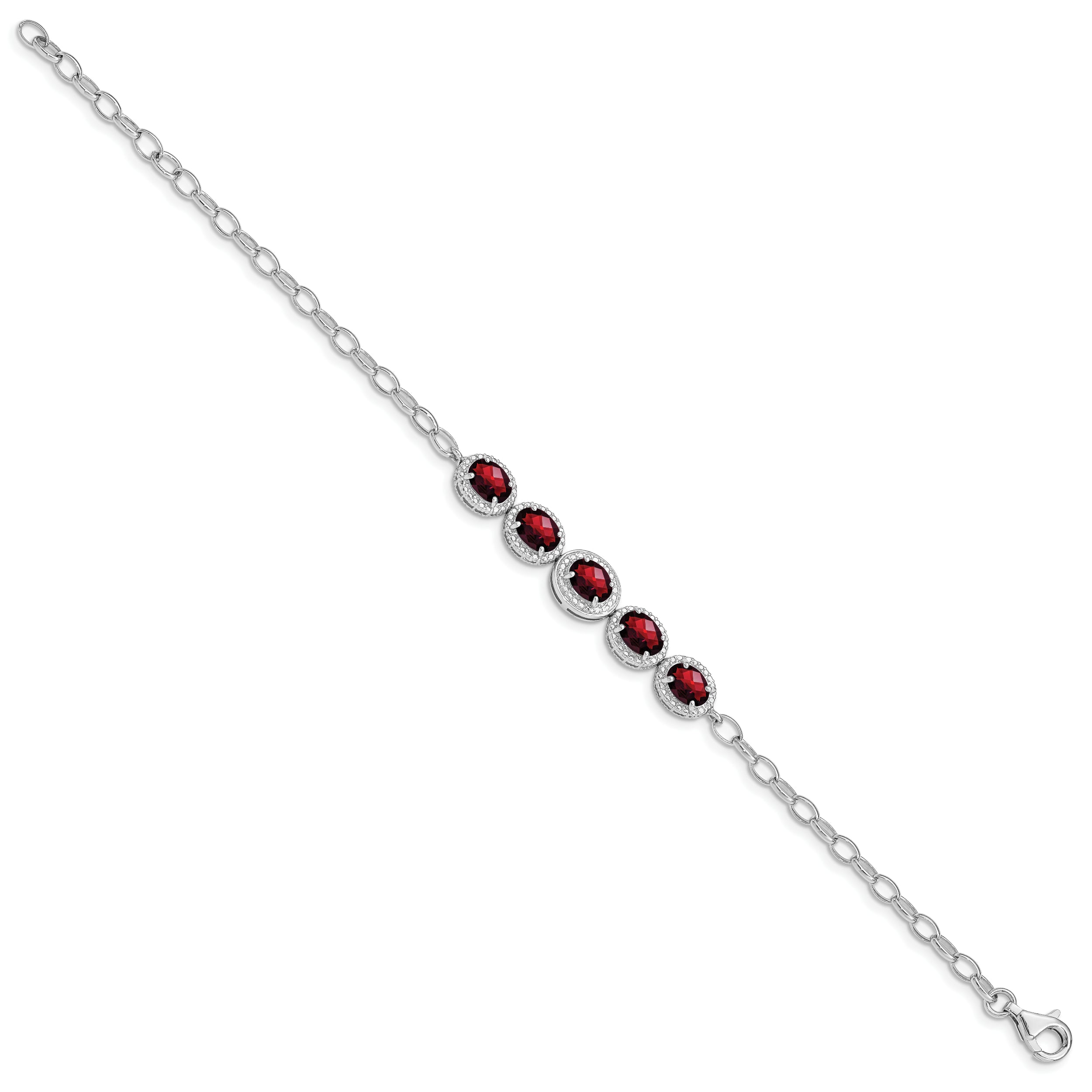 8 Inch Sterling Silver Rhod-Plat Garnet Bracelet