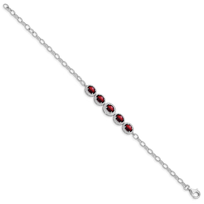 8 Inch Sterling Silver Rhod-Plat Garnet Bracelet