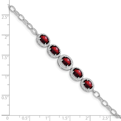 8 Inch Sterling Silver Rhod-Plat Garnet Bracelet