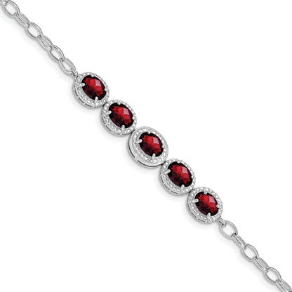 8 Inch Sterling Silver Rhod-Plat Garnet Bracelet