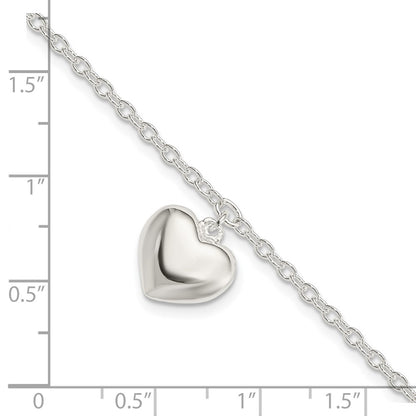 8 Inch Sterling Silver Puffed Heart W/1.5In Ext Bracelet