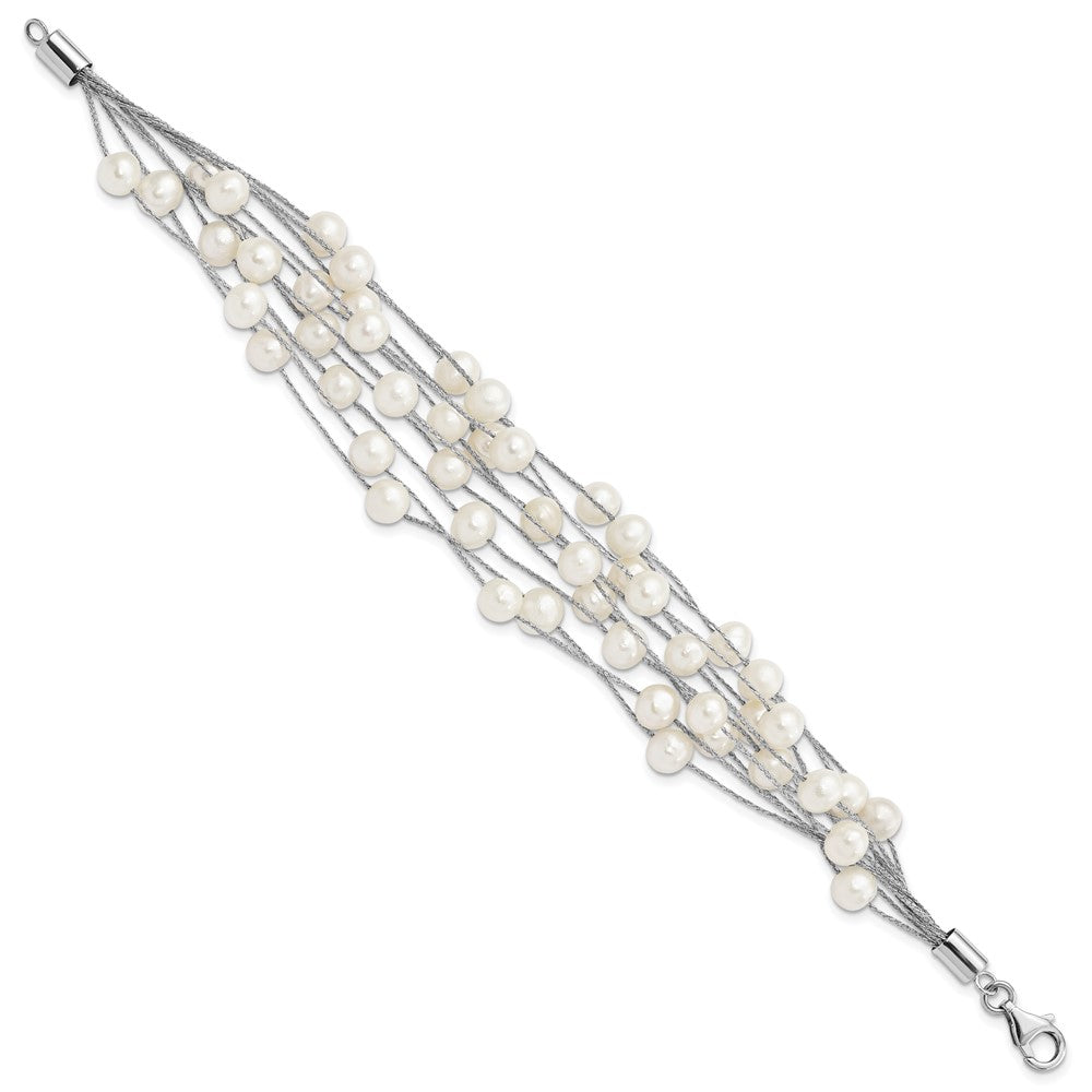 7.25 Inch Sterling Silver Rhod-Plat 7-8mm White Fwc Pearl 10-Rows Bracelet