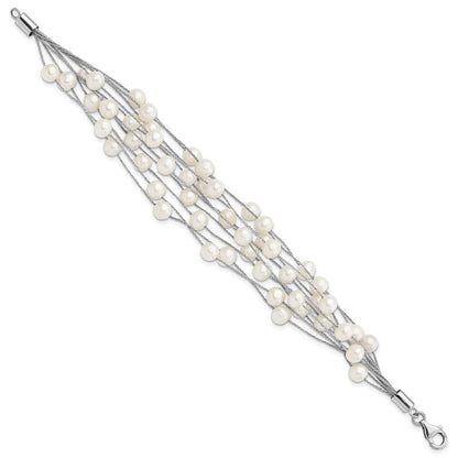 7.25 Inch Sterling Silver Rhod-Plat 7-8mm White Fwc Pearl 10-Rows Bracelet