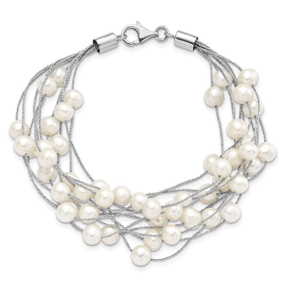 7.25 Inch Sterling Silver Rhod-Plat 7-8mm White Fwc Pearl 10-Rows Bracelet