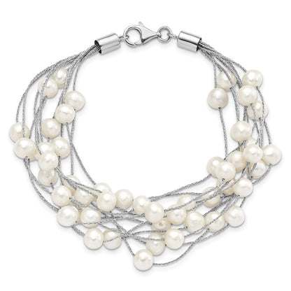7.25 Inch Sterling Silver Rhod-Plat 7-8mm White Fwc Pearl 10-Rows Bracelet
