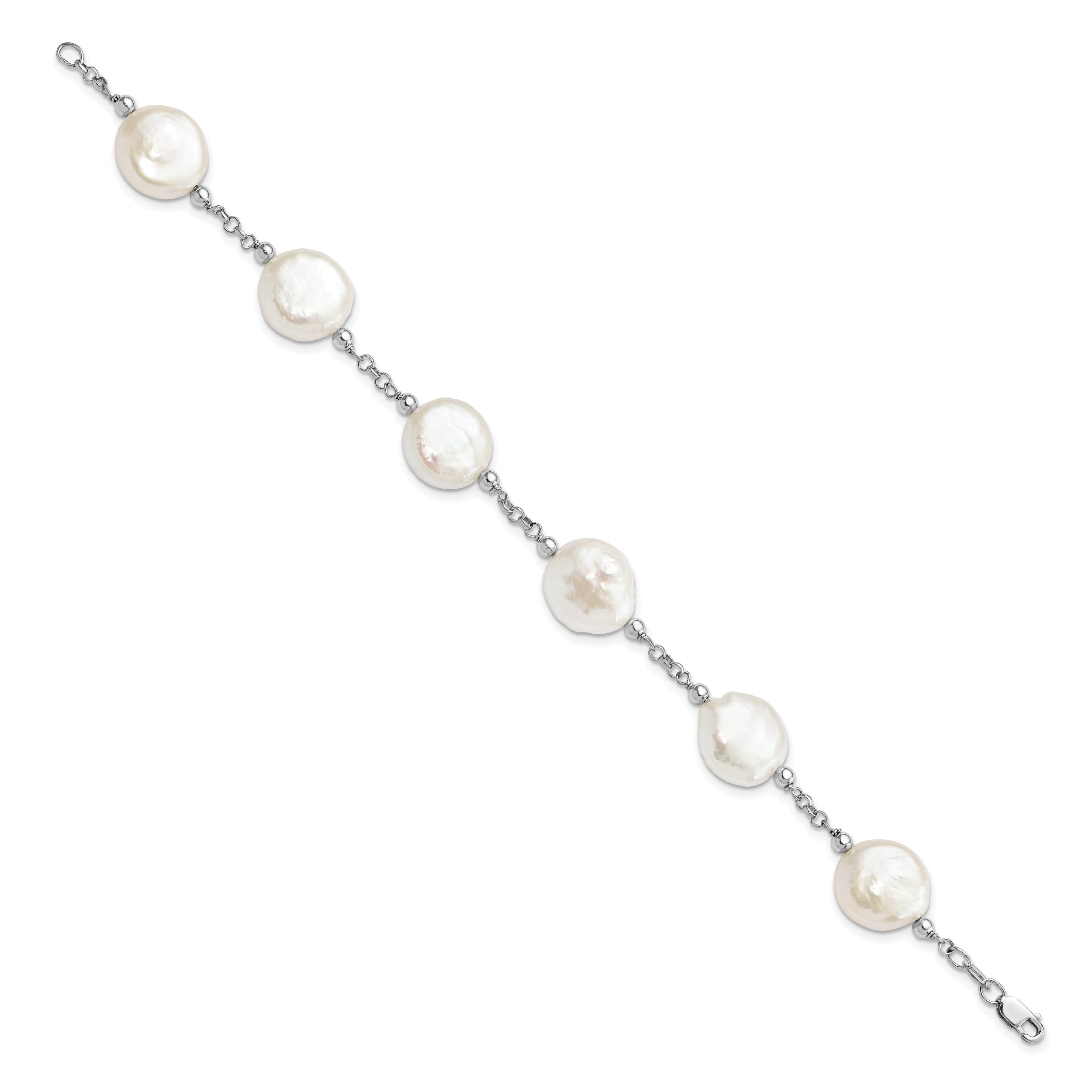 7.5 Inch Sterling Silver Rhod-Plated 12-13 Coin Fwc Pearl 6 Stat Bracelet
