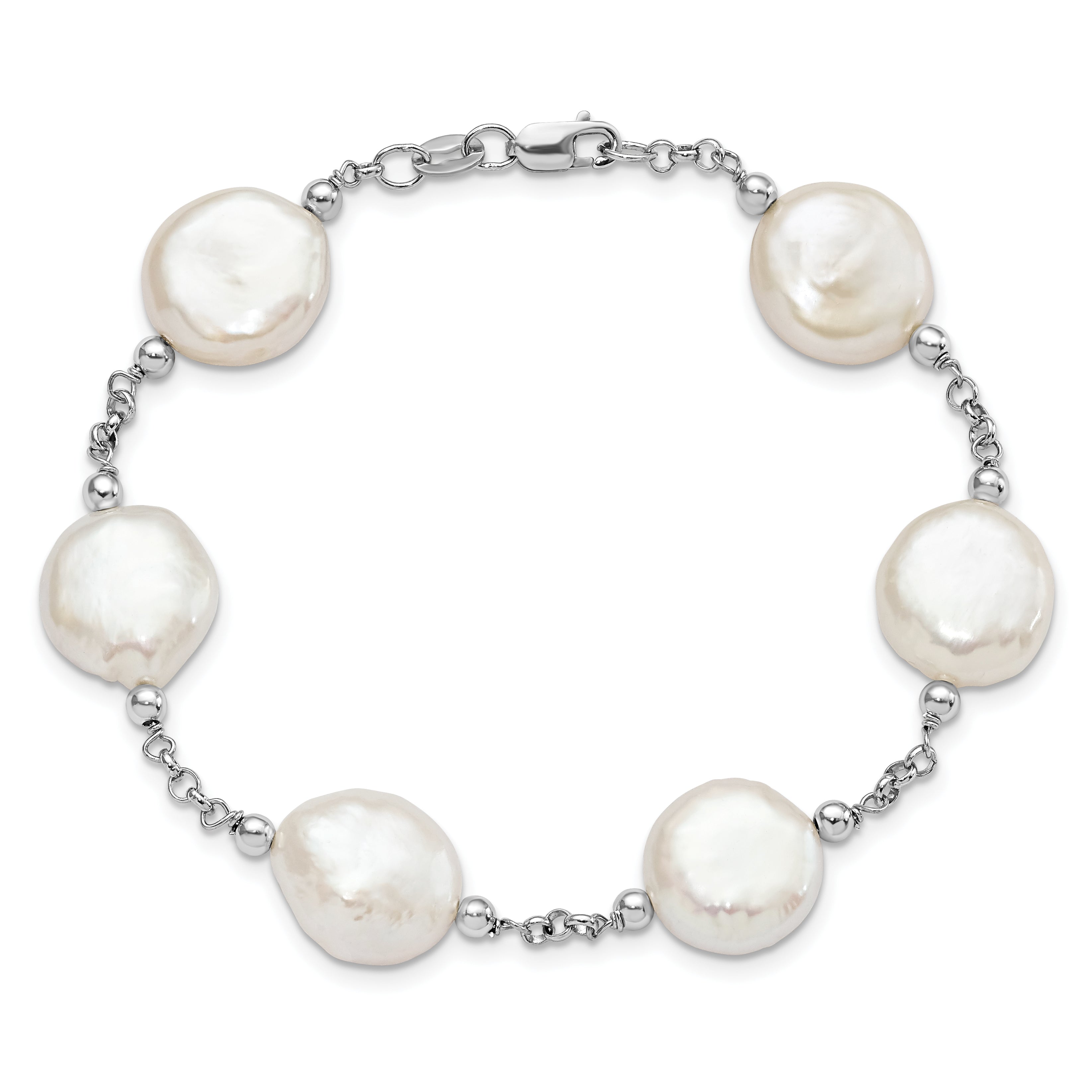 7.5 Inch Sterling Silver Rhod-Plated 12-13 Coin Fwc Pearl 6 Stat Bracelet