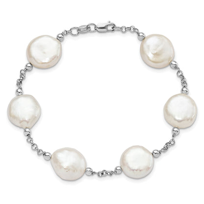 7.5 Inch Sterling Silver Rhod-Plated 12-13 Coin Fwc Pearl 6 Stat Bracelet