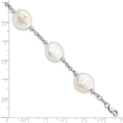 7.5 Inch Sterling Silver Rhod-Plated 12-13 Coin Fwc Pearl 6 Stat Bracelet