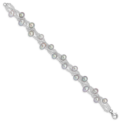 7.5 Inch Sterling Silver Rhd-Plt 7-9mm Grey Fwc Pearl Glass Bead Bracelet
