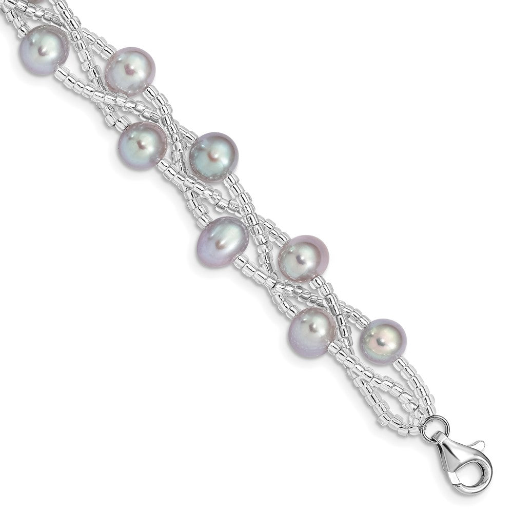 7.5 Inch Sterling Silver Rhd-Plt 7-9mm Grey Fwc Pearl Glass Bead Bracelet