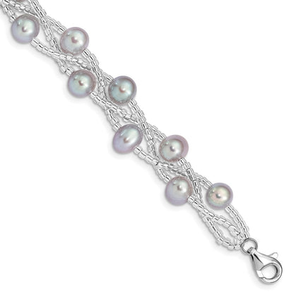 7.5 Inch Sterling Silver Rhd-Plt 7-9mm Grey Fwc Pearl Glass Bead Bracelet