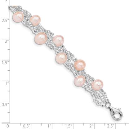 7.5 Inch Sterling Silver Rhd-Plt 7-9mm Pink Fwc Pearl & Glass Beaded Bracelet