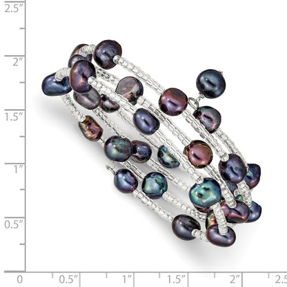 Fashion 7-8mm Black Freshwater Cultured Pearl And Glass Beaded Coil Slip-On Bangle