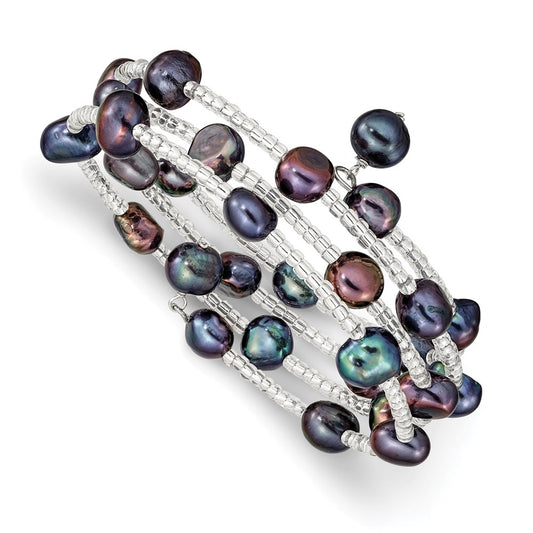 Fashion 7-8mm Black Freshwater Cultured Pearl And Glass Beaded Coil Slip-On Bangle