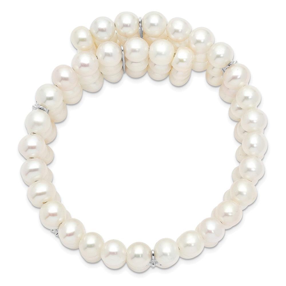 7.5 Inch Sterling Silver Rhod-Plat 6-7mm White Fwc Pearl & Cz 3 Row Bracelet