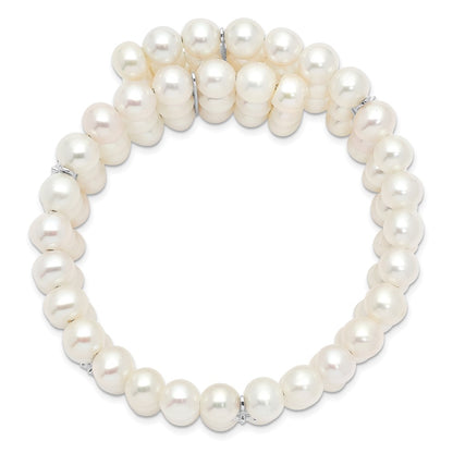 7.5 Inch Sterling Silver Rhod-Plat 6-7mm White Fwc Pearl & Cz 3 Row Bracelet