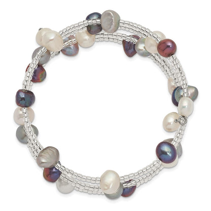 Fashion 7-8mm Black/Grey/White Freshwater Cultured Pearl And Glass Beaded 3-Row Coil Slip-On Bangle