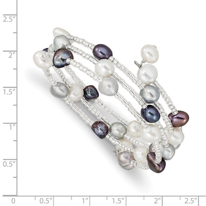 Fashion 7-8mm Black/Grey/White Freshwater Cultured Pearl And Glass Beaded 3-Row Coil Slip-On Bangle