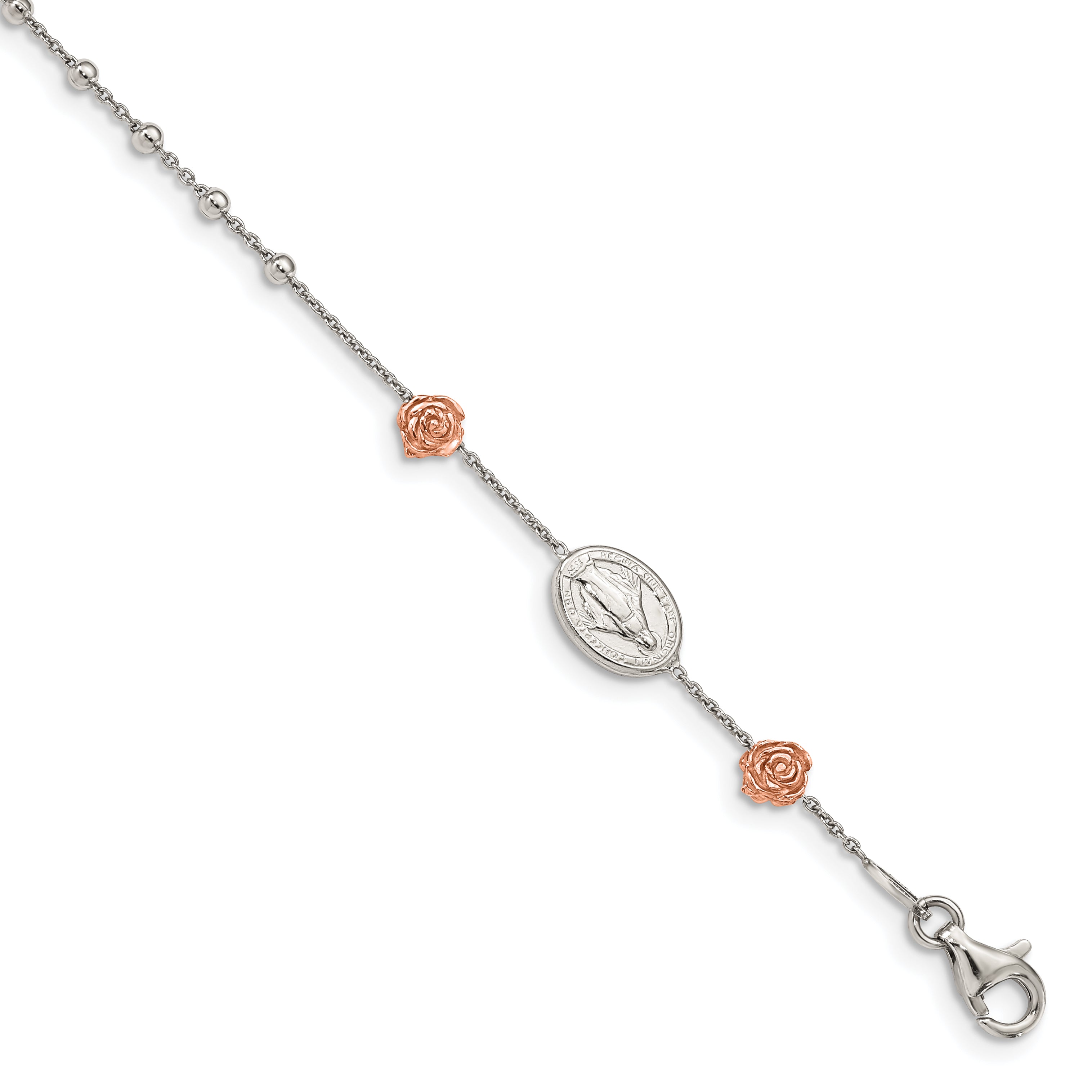 7 Inch Sterling Silver Rhod-Plted Rose-Tone Roses W/Cross W/1In Ext Bracelet