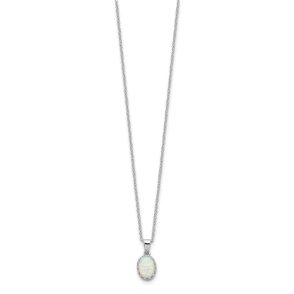 Sterling Silver Rhodium-Plated Polish Oval Created Opal Necklace
