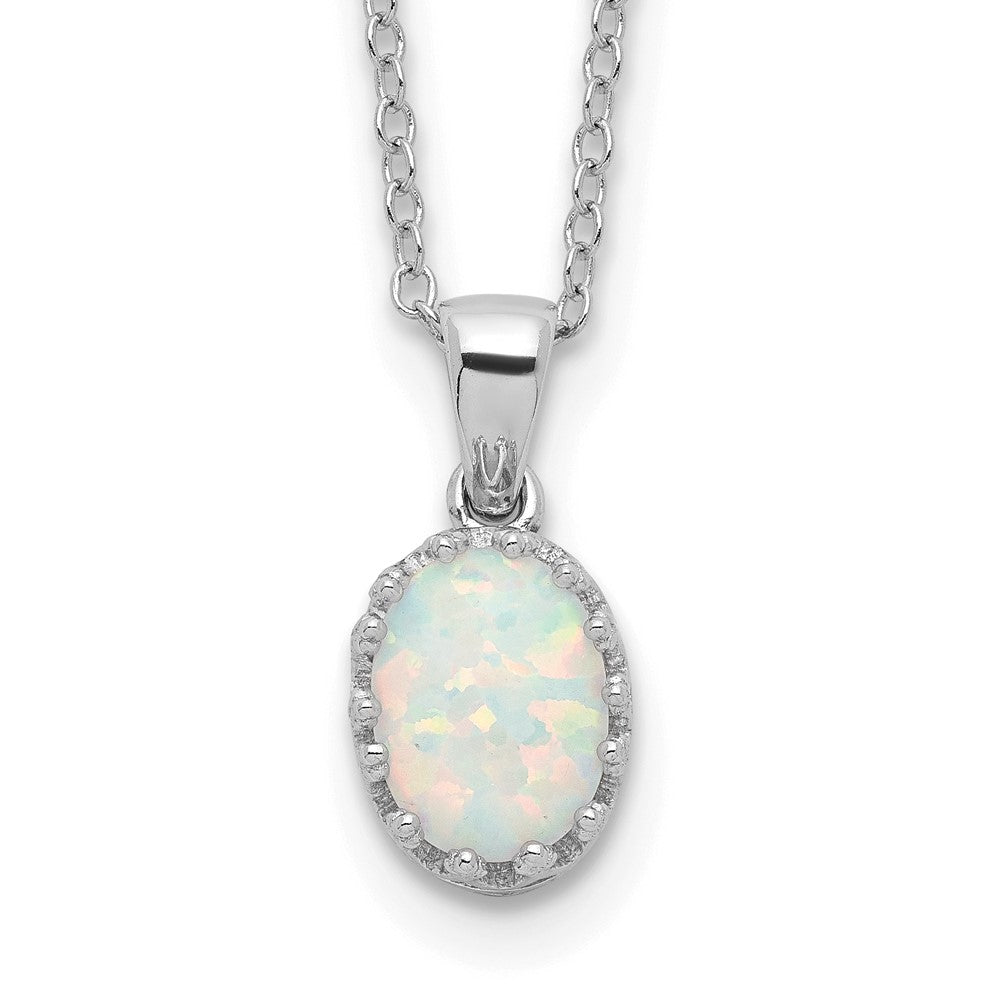 Sterling Silver Rhodium-Plated Polish Oval Created Opal Necklace