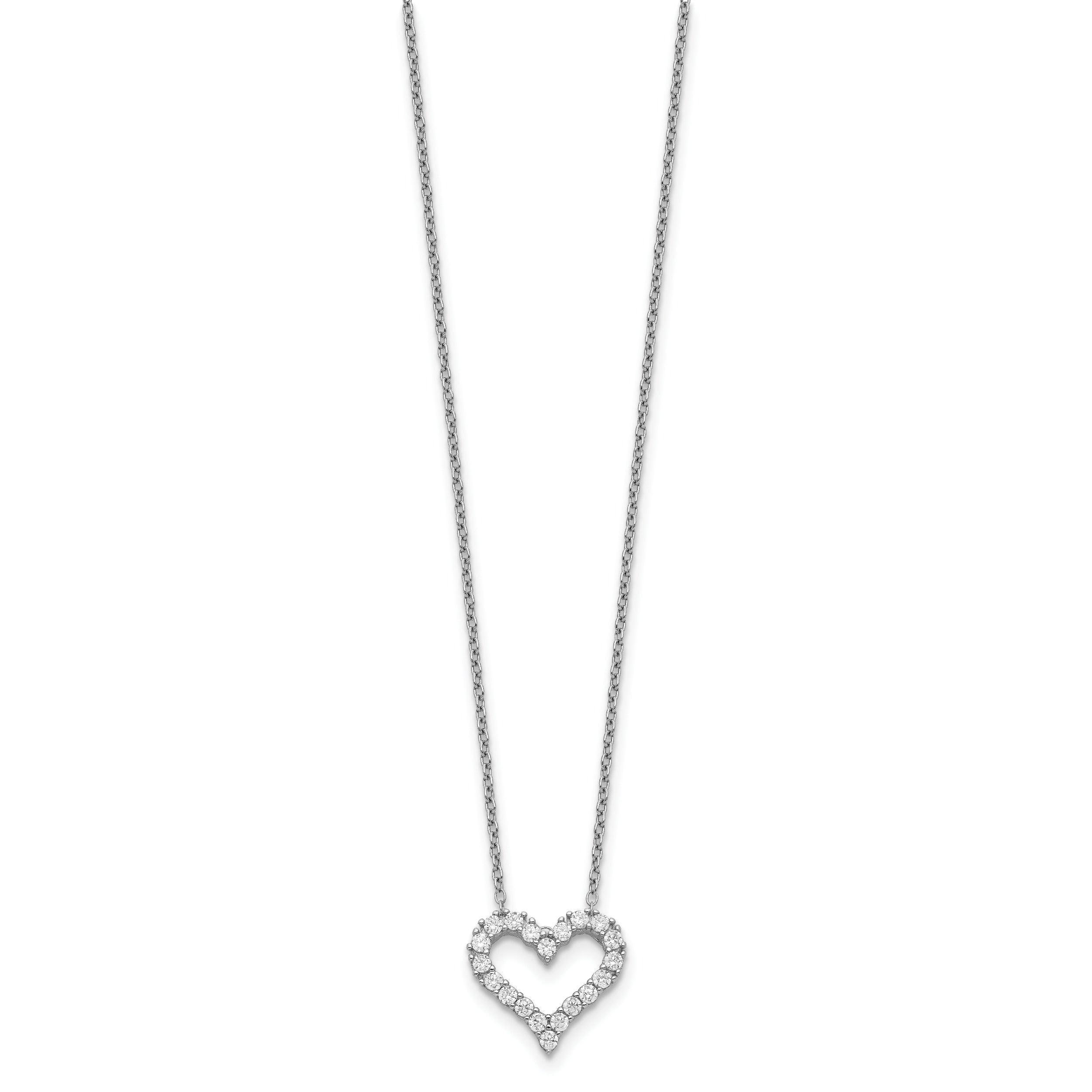 Sterling Silver Rhodium-Plated Cz Open Heart 16 Inch Necklace With 2 Extension