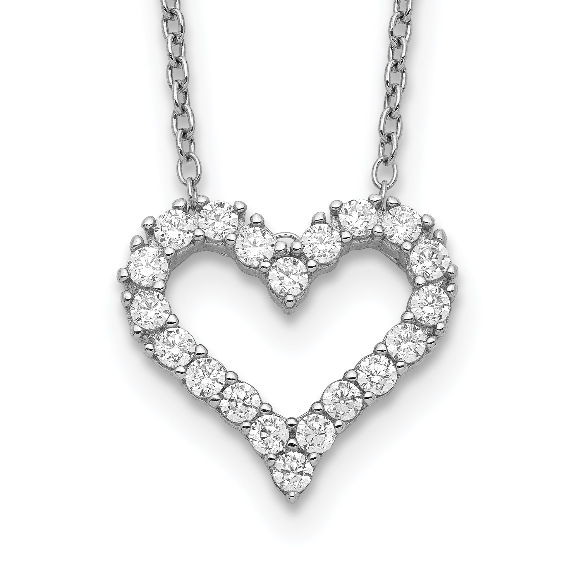 Sterling Silver Rhodium-Plated Cz Open Heart 16 Inch Necklace With 2 Extension