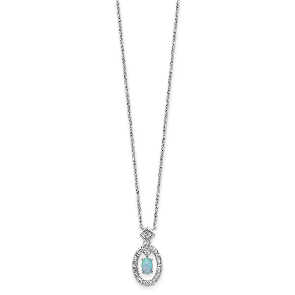 Sterling Silver Rhodium-Plated Clear Cz Oval With Lab Created Opal Dangle 16 Inch Necklace 2 Extension