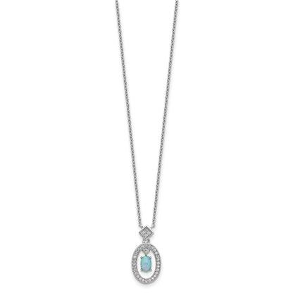 Sterling Silver Rhodium-Plated Clear Cz Oval With Lab Created Opal Dangle 16 Inch Necklace 2 Extension