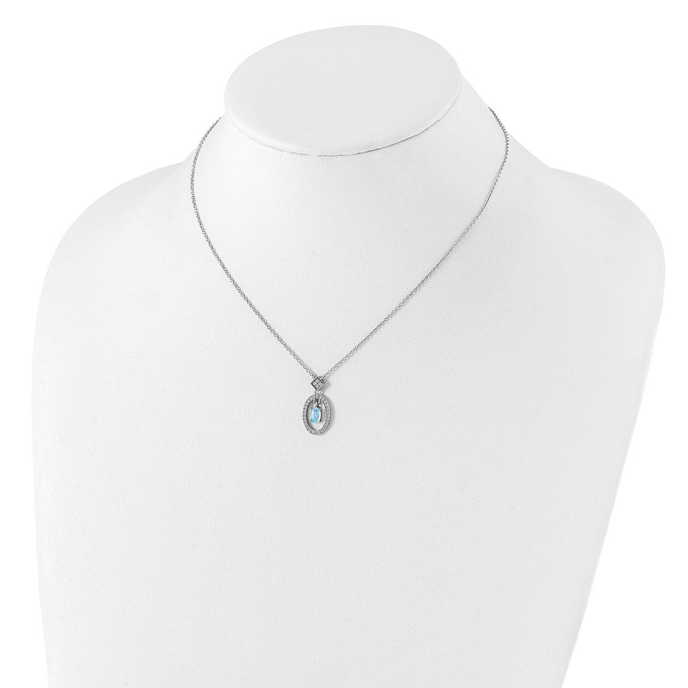 Sterling Silver Rhodium-Plated Clear Cz Oval With Lab Created Opal Dangle 16 Inch Necklace 2 Extension