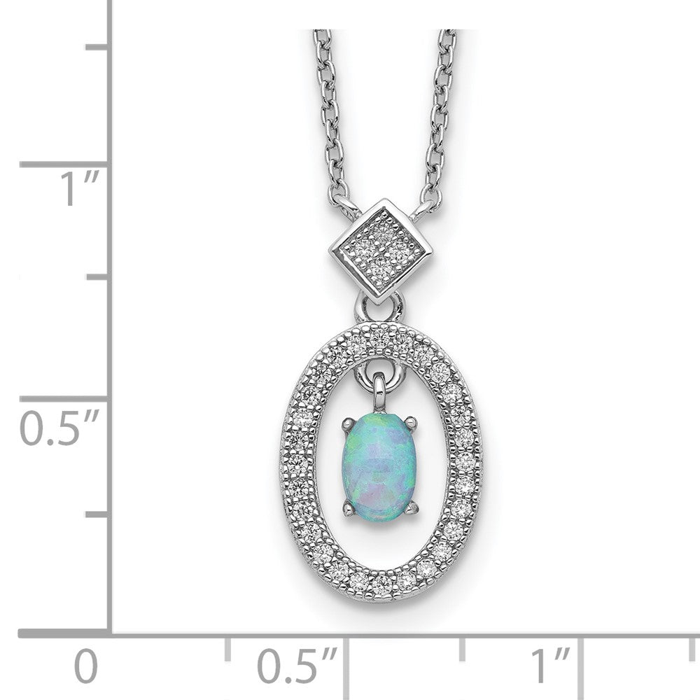 Sterling Silver Rhodium-Plated Clear Cz Oval With Lab Created Opal Dangle 16 Inch Necklace 2 Extension