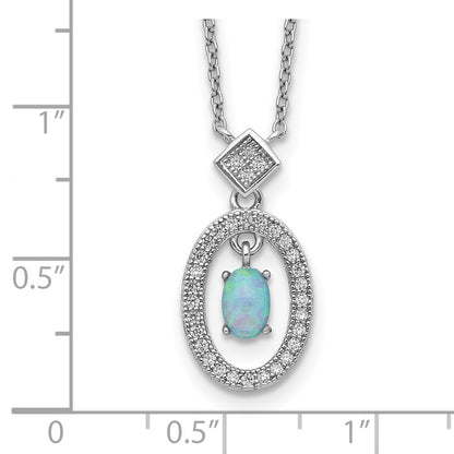 Sterling Silver Rhodium-Plated Clear Cz Oval With Lab Created Opal Dangle 16 Inch Necklace 2 Extension