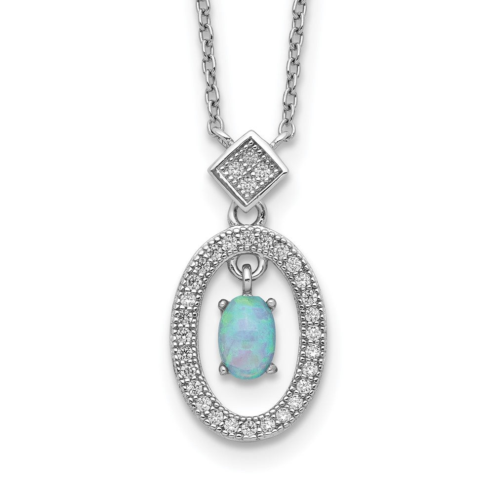Sterling Silver Rhodium-Plated Clear Cz Oval With Lab Created Opal Dangle 16 Inch Necklace 2 Extension