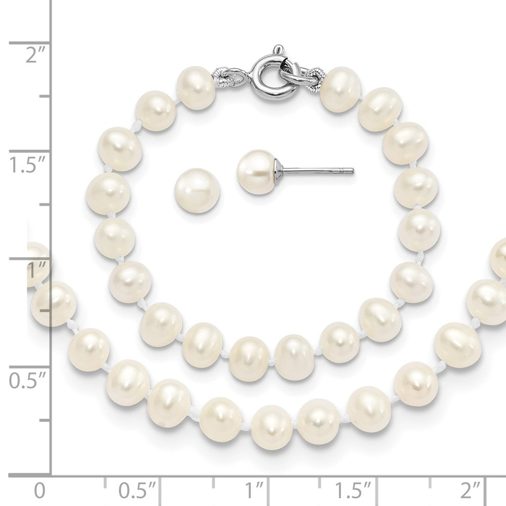 12 Inch Sterling Silver Madi K Rhodium-Plated 5-6mm Semi-Round Freshwater Cultured Pearl 12In Necklace, 4In Bracelet & Stud Earrring Set