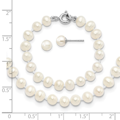 12 Inch Sterling Silver Madi K Rhodium-Plated 5-6mm Semi-Round Freshwater Cultured Pearl 12In Necklace, 4In Bracelet & Stud Earrring Set