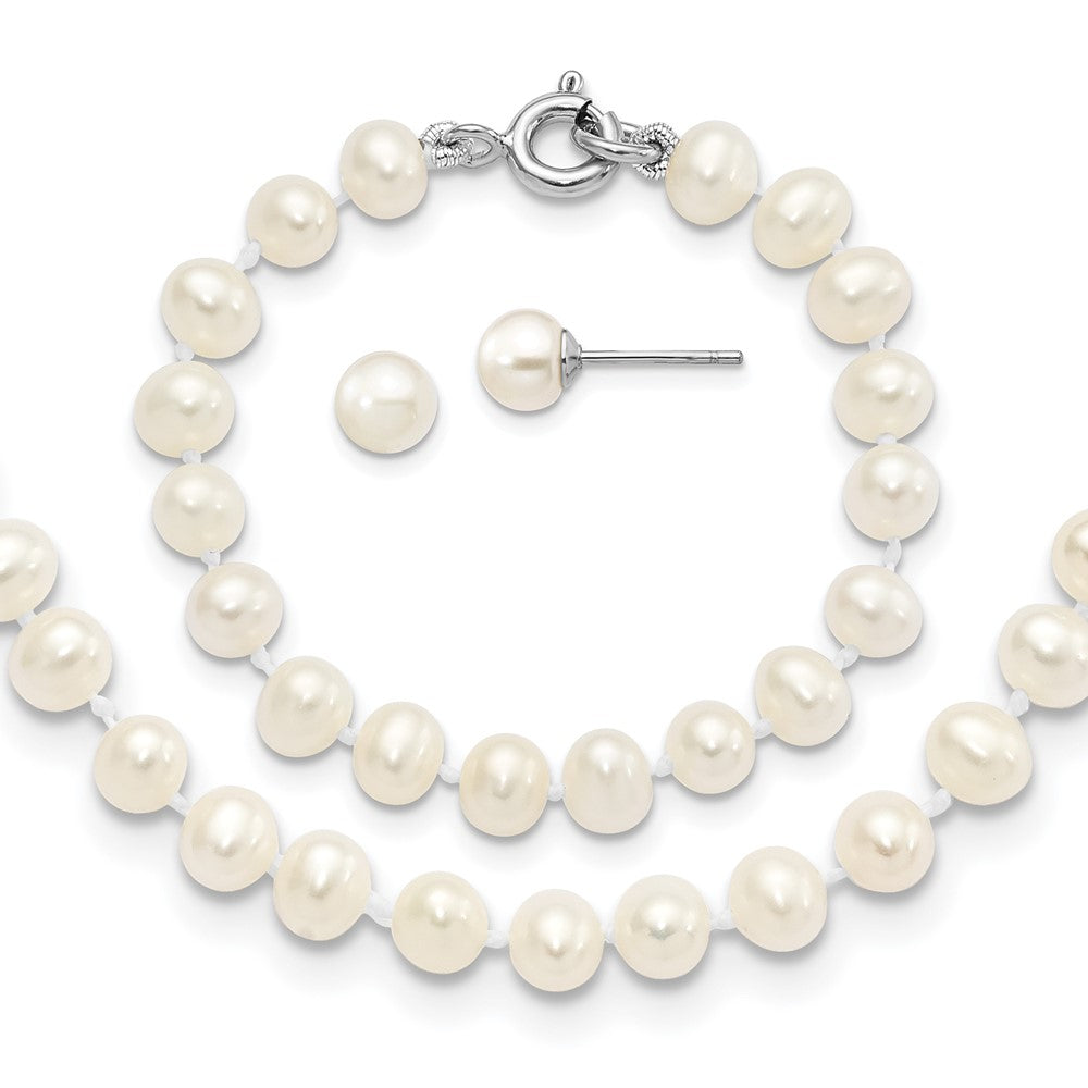 12 Inch Sterling Silver Madi K Rhodium-Plated 5-6mm Semi-Round Freshwater Cultured Pearl 12In Necklace, 4In Bracelet & Stud Earrring Set