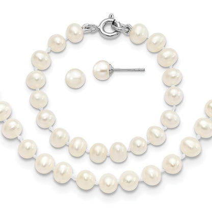 12 Inch Sterling Silver Madi K Rhodium-Plated 5-6mm Semi-Round Freshwater Cultured Pearl 12In Necklace, 4In Bracelet & Stud Earrring Set