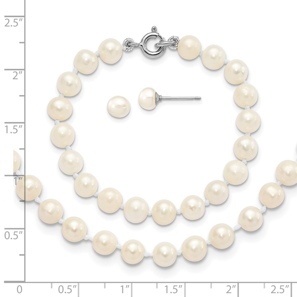 14 Inch Sterling Silver Madi K Rhodium-Plated 5-6mm Semi-Round Freshwater Cultured Pearl 12In Necklace, 4In Bracelet & Button Earrring Set
