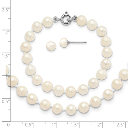14 Inch Sterling Silver Madi K Rhodium-Plated 5-6mm Semi-Round Freshwater Cultured Pearl 12In Necklace, 4In Bracelet & Button Earrring Set
