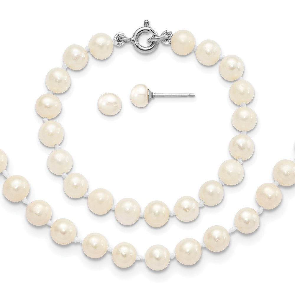 14 Inch Sterling Silver Madi K Rhodium-Plated 5-6mm Semi-Round Freshwater Cultured Pearl 12In Necklace, 4In Bracelet & Button Earrring Set