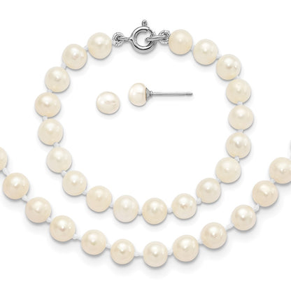 14 Inch Sterling Silver Madi K Rhodium-Plated 5-6mm Semi-Round Freshwater Cultured Pearl 12In Necklace, 4In Bracelet & Button Earrring Set