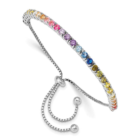Sterling Silver Prizma Rhodium-Plated 3mm Colorful Cz Adjustable Bolo Bracelet