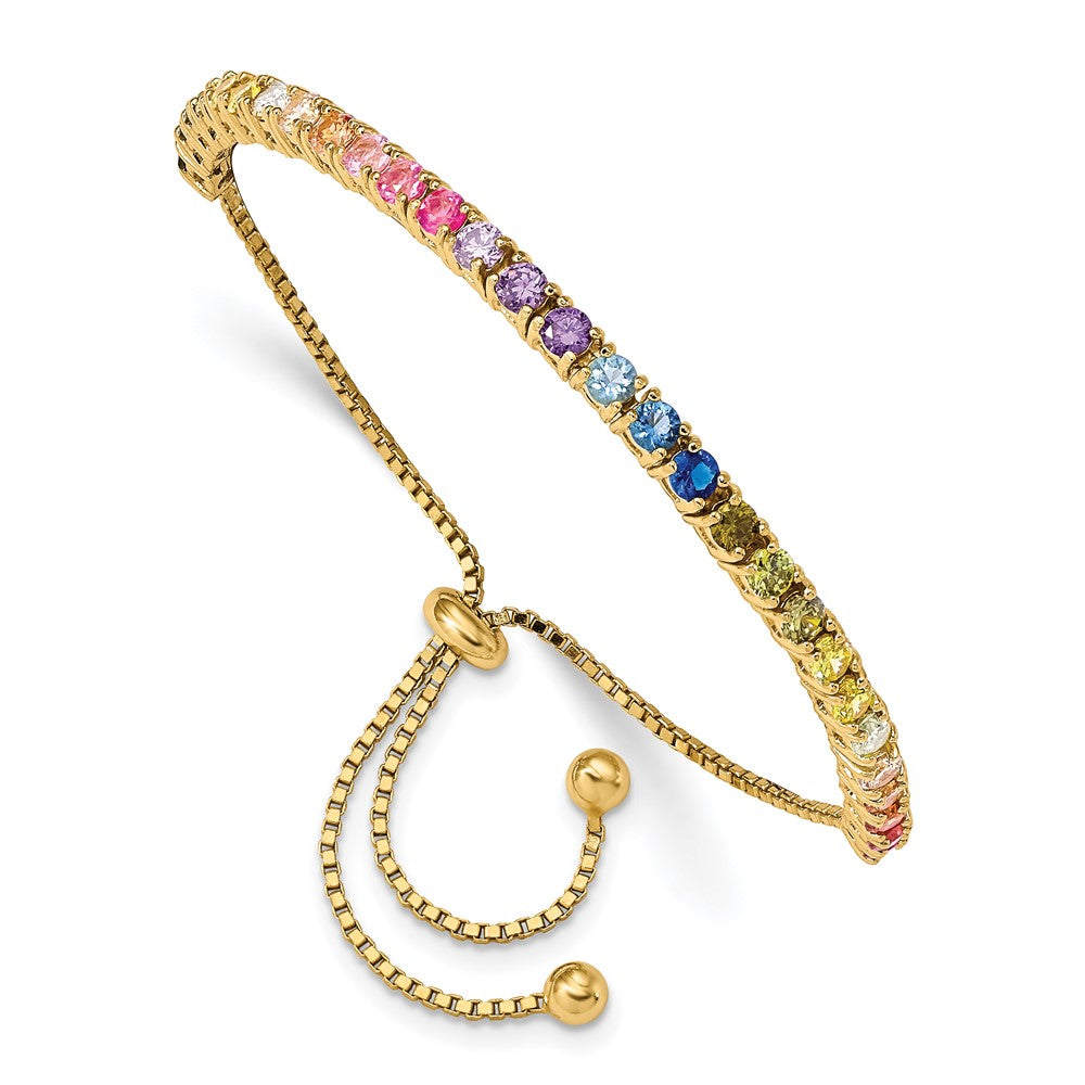 Sterling Silver Prizma Gold-Tone 14K Flash Gold-Plated 3mm Colorful Cz Adjustable Bolo Bracelet