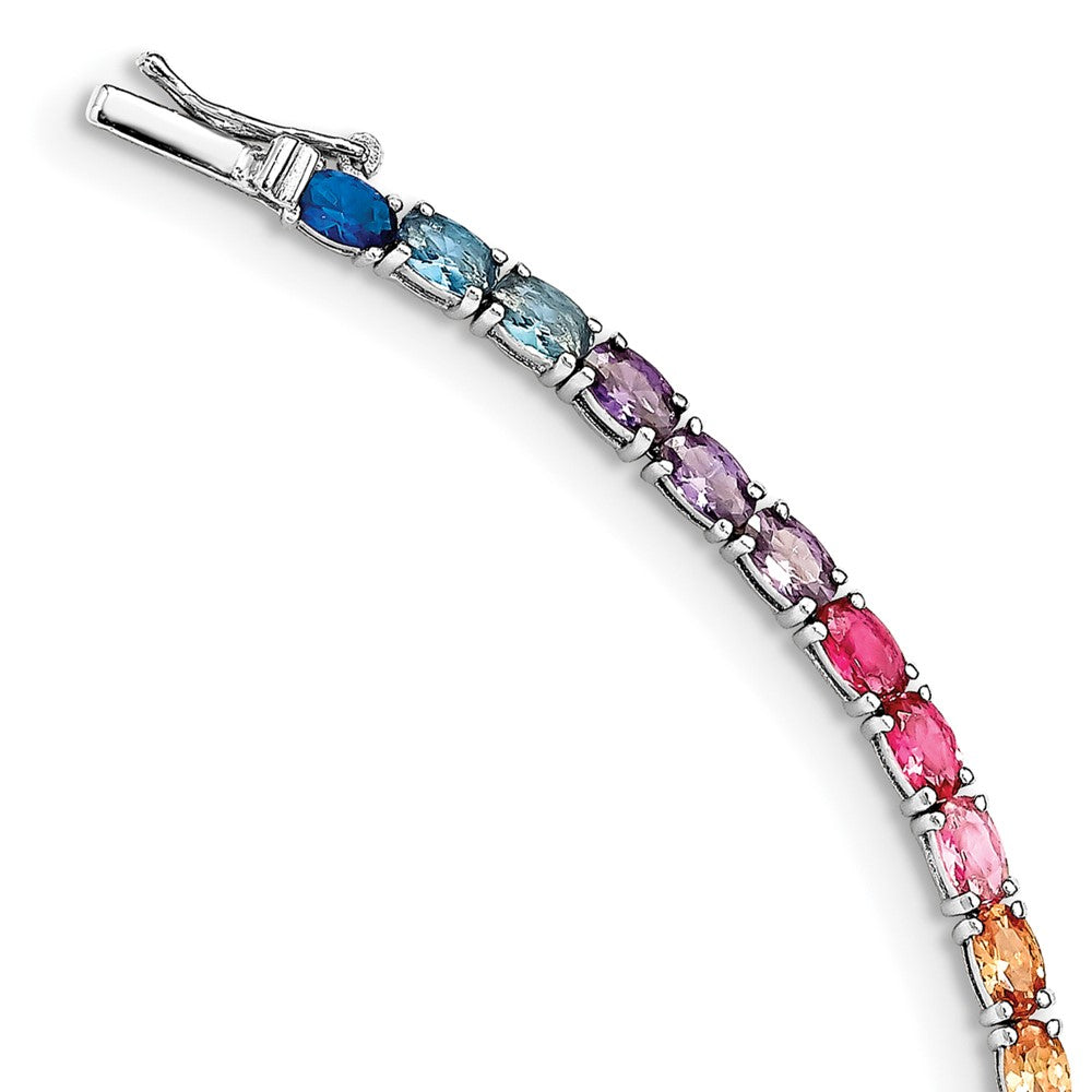 Sterling Silver Prizma Rhodium-Plated 7.5 Inch Oval Colorful Cz Tennis Bracelet