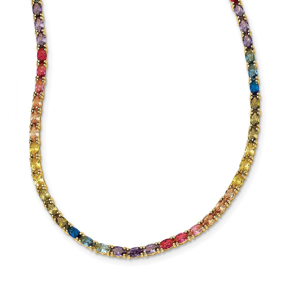 Sterling Silver Prizma Gold-Tone 14K Flash Gold-Plated 18 Inch Oval Colorful Cz Necklace