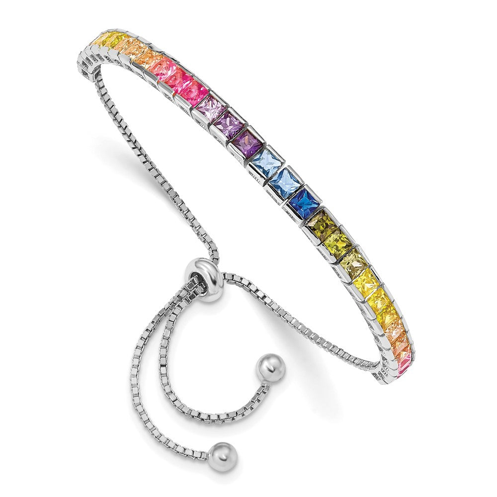 Sterling Silver Prizma Rhodium-Plated 4mm Channel-Set Colorful Cz Adjustable Bolo Bracelet