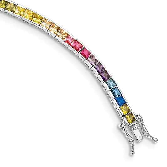 Sterling Silver Prizma Rhodium-Plated 7.25 Inch Channel-Set Colorful Cz Bracelet