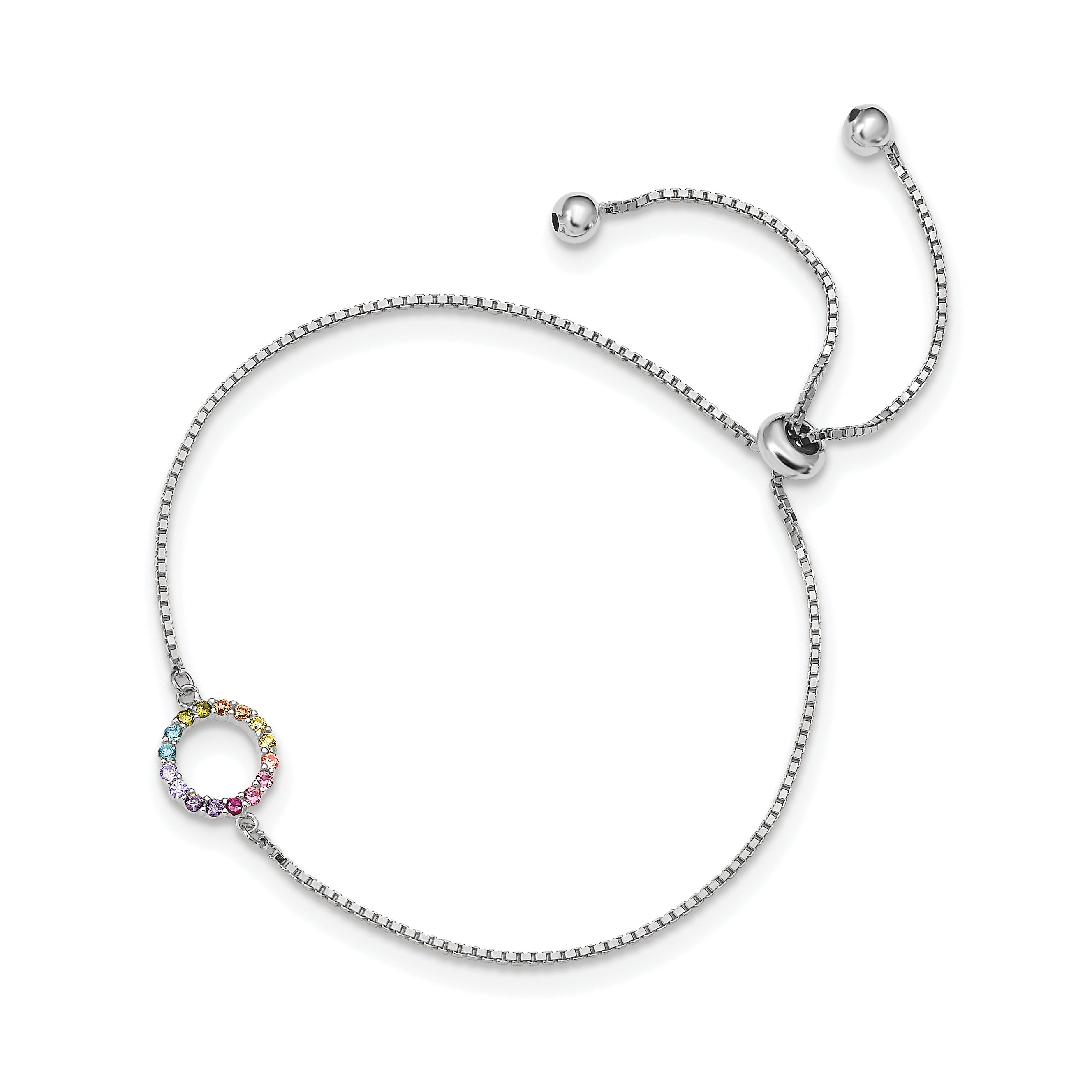 Sterling Silver Prizma Rhodium-Plated Colorful Cz Open Circle Adjustable Bolo Bracelet