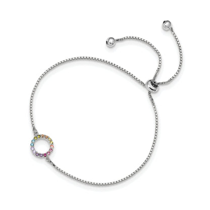 Sterling Silver Prizma Rhodium-Plated Colorful Cz Open Circle Adjustable Bolo Bracelet